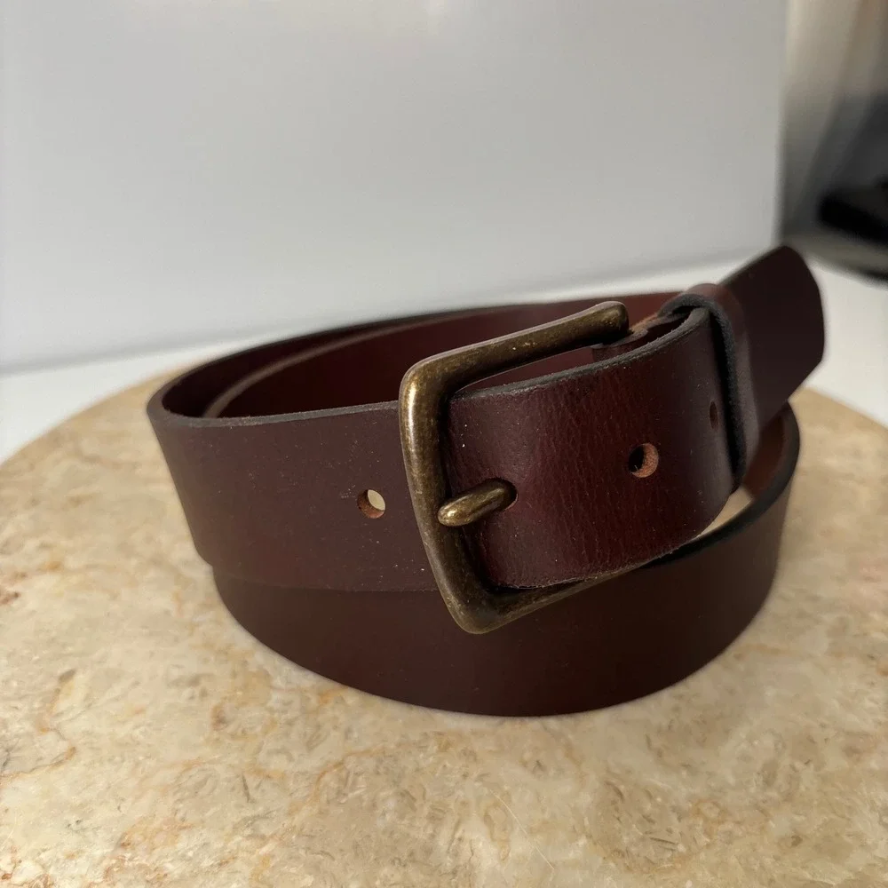 Mens Eddie‎ Bauer Dark Brown Genuine Leather Belt Antiqued Brass Buckle Classic